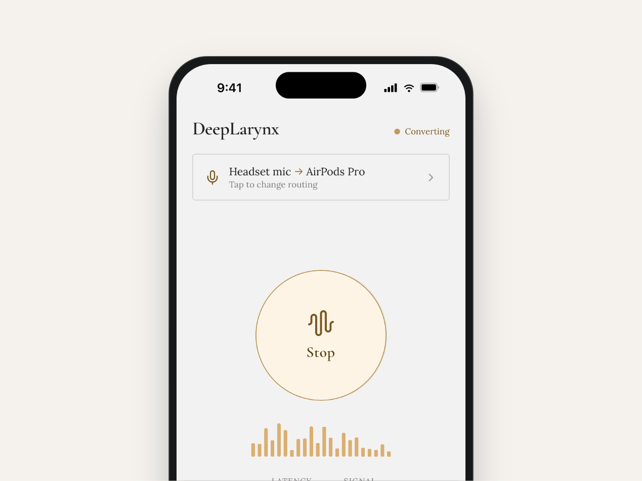 DeepLarynx app live conversion screen on an iPhone