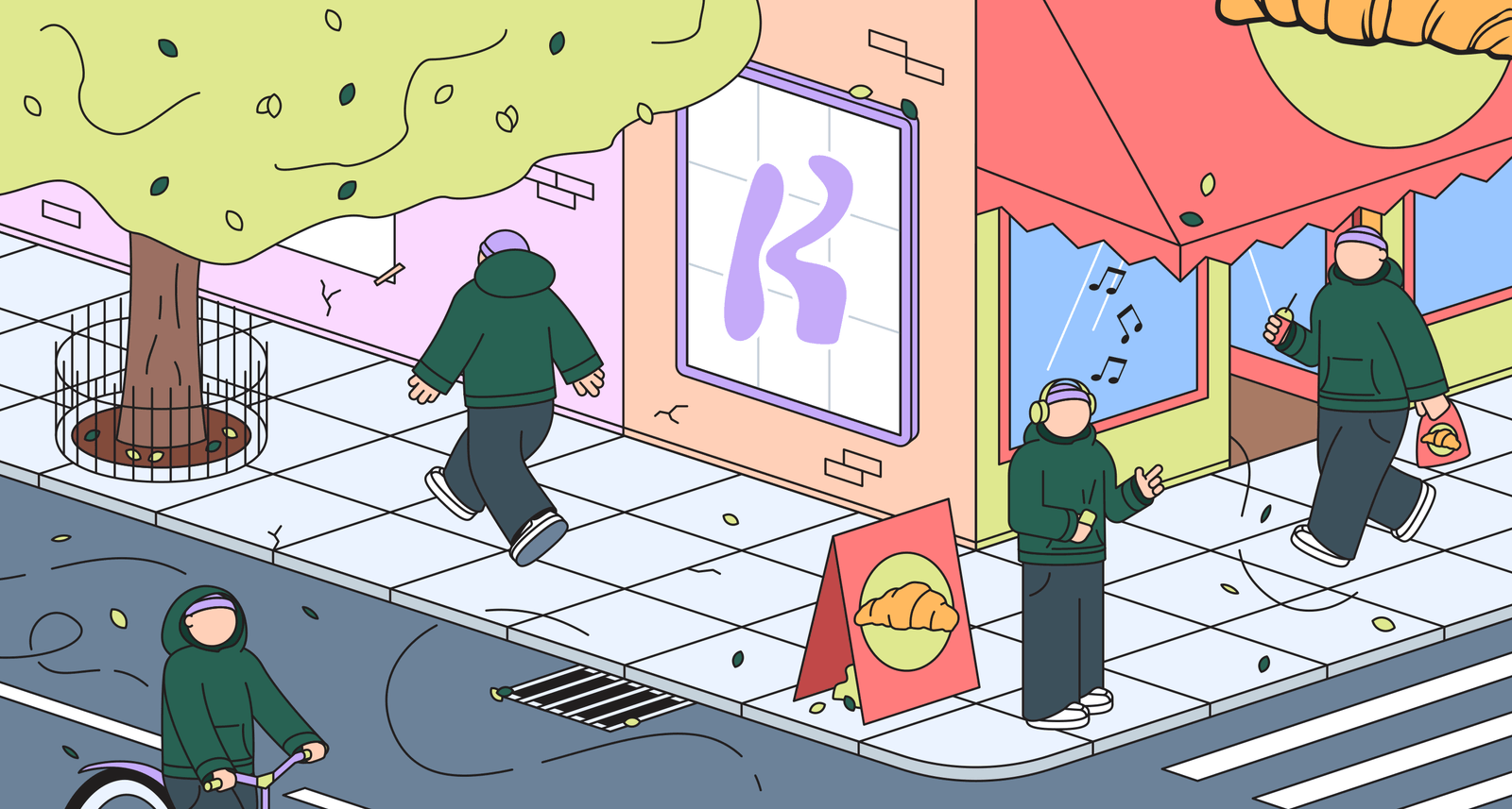 Illustration of man walking, listening to music and eating with a billboard showing the Replica Health logo
