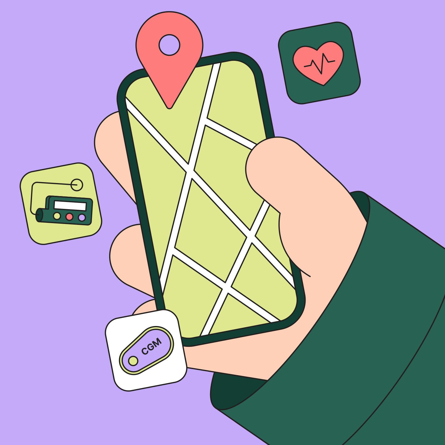 Illustration showing user holding app with map icon, continuous glucose monitor icon and insulin pump icon
